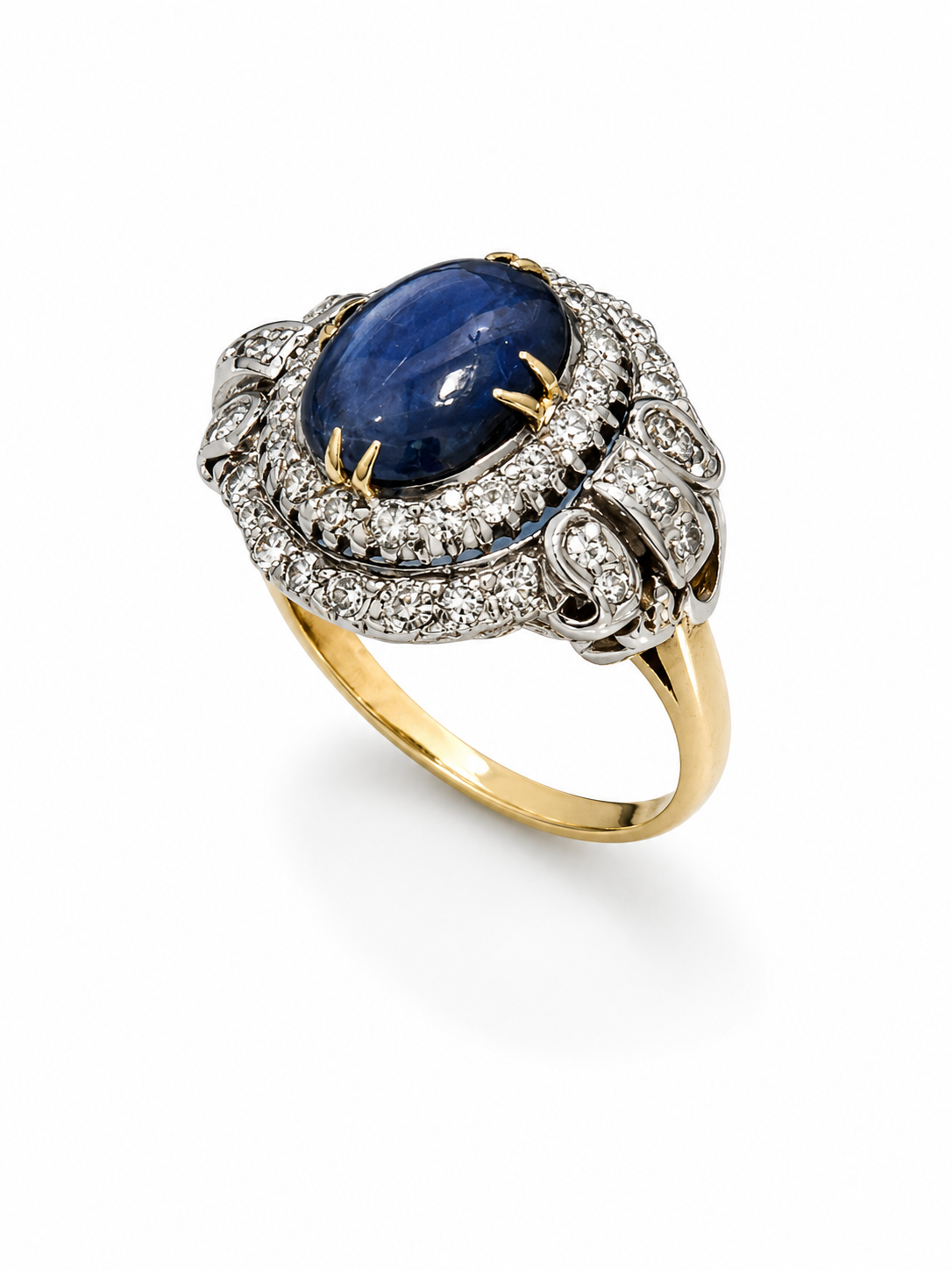 Vintage Star Blue Sapphire &amp; Diamond Halo Ring in 14K Yellow Gold and Sterling Silver