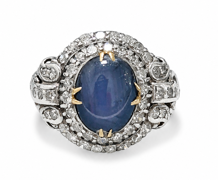 Vintage Star Blue Sapphire &amp; Diamond Halo Ring in 14K Yellow Gold and Sterling Silver