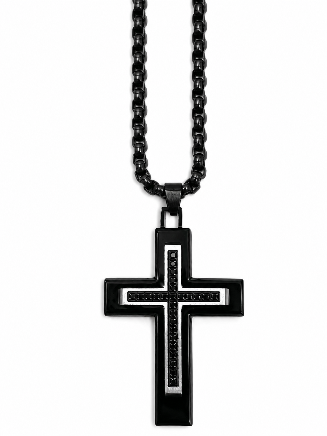 Black Stainless Steel Cross Necklace with Black Diamonds – 22 Inch