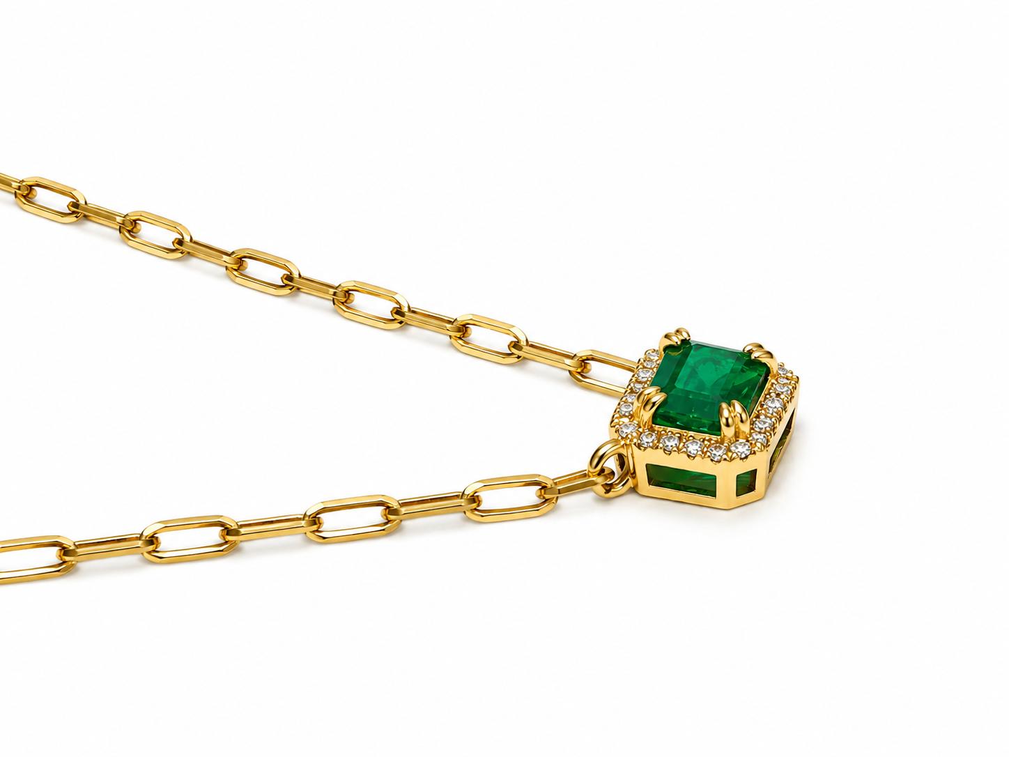 14KT Yellow Gold Paperclip Chain Necklace with Emerald and Diamond Halo Pendant