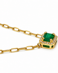 14KT Yellow Gold Paperclip Chain Necklace with Emerald and Diamond Halo Pendant