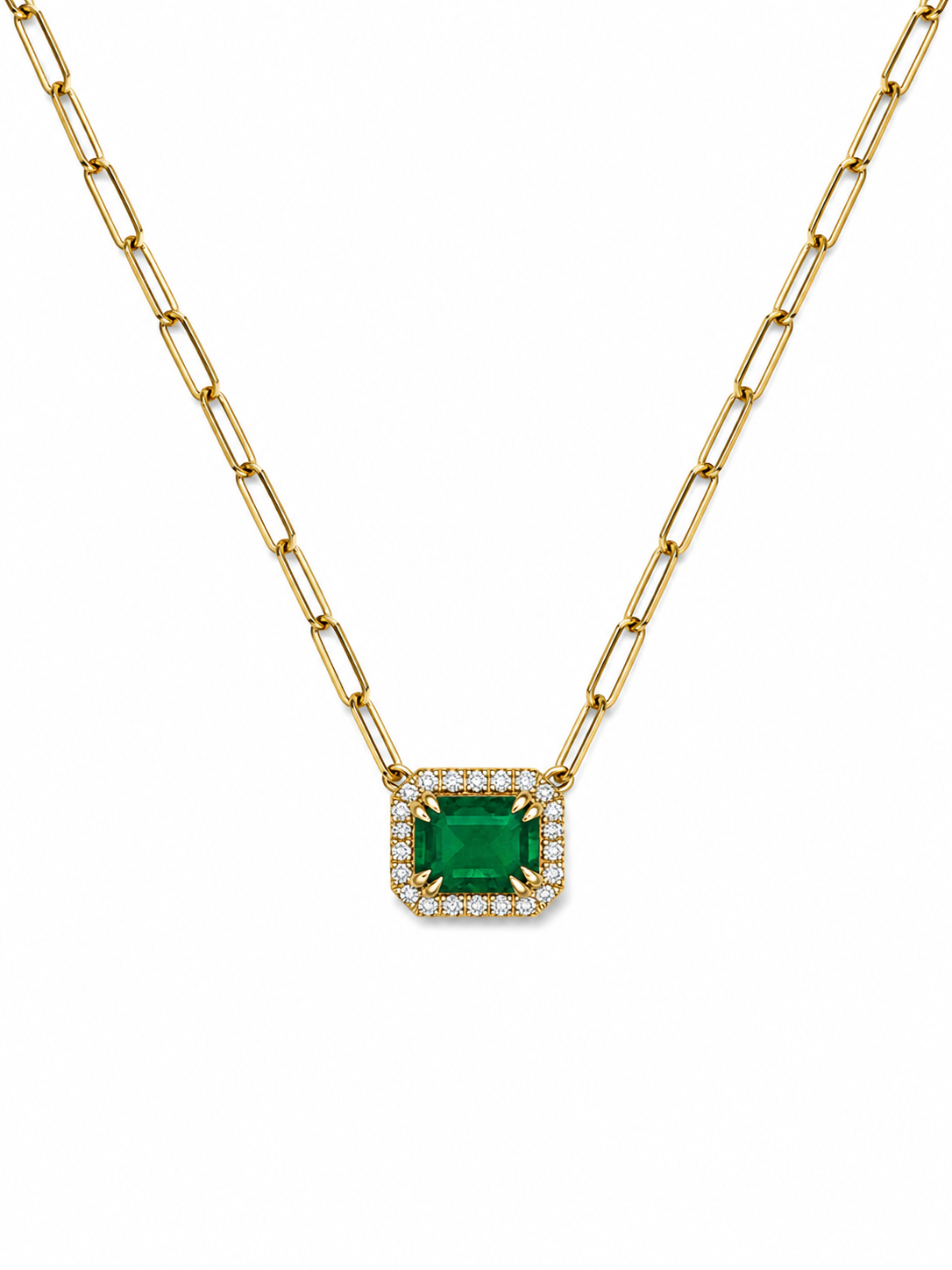 14KT Yellow Gold Paperclip Chain Necklace with Emerald and Diamond Halo Pendant
