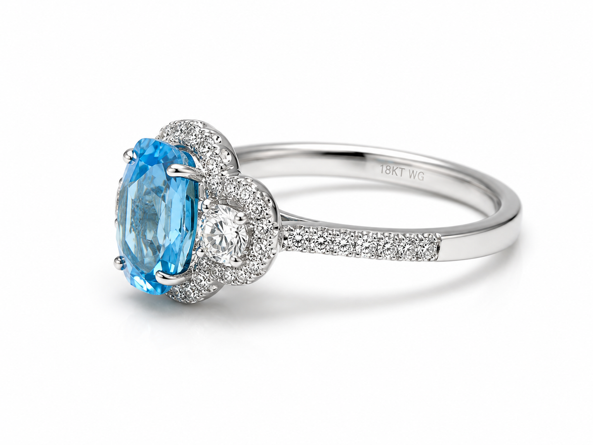 Three Stone Diamond Halo Ring Featuring Blue Topaz