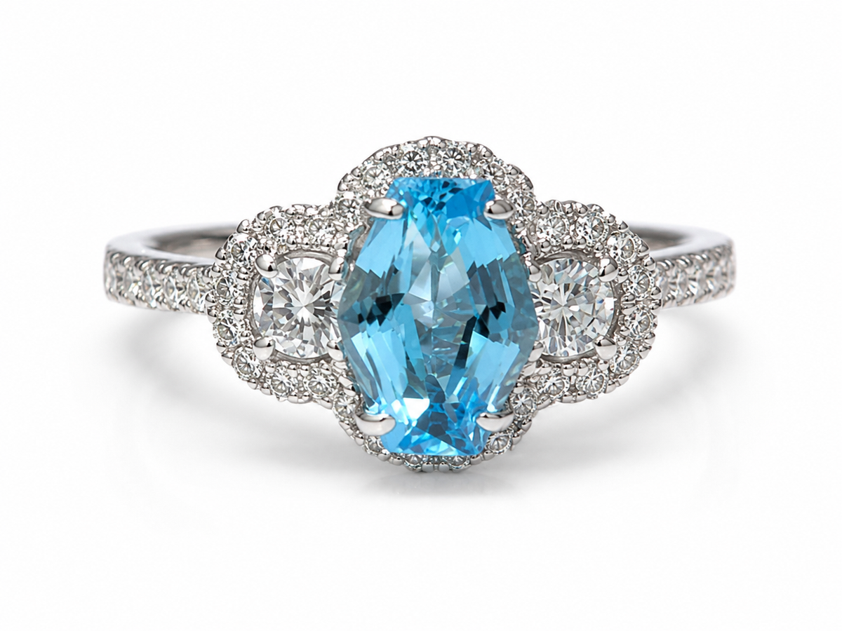 Three Stone Diamond Halo Ring Featuring Blue Topaz