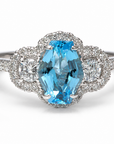 Three Stone Diamond Halo Ring Featuring Blue Topaz