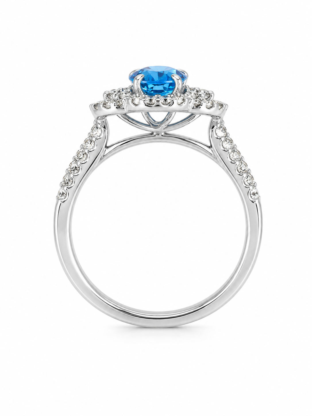 Three Stone Diamond Halo Ring Featuring Blue Topaz