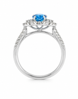 Three Stone Diamond Halo Ring Featuring Blue Topaz