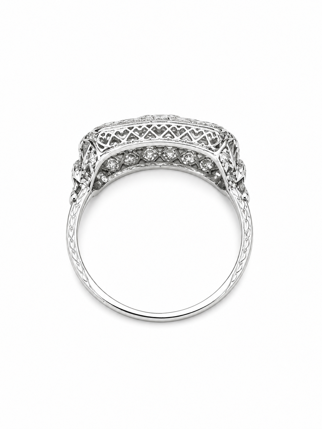 Platinum Art Deco Diamond Ring with .32ct European Cut Center Diamond and .60cttw Side Diamonds