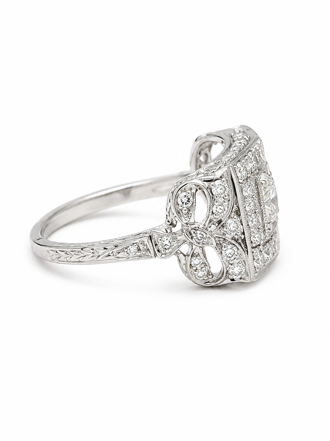 Platinum Art Deco Diamond Ring with .32ct European Cut Center Diamond and .60cttw Side Diamonds
