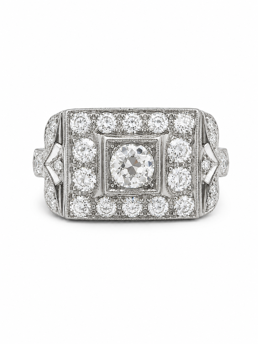 Platinum Art Deco Diamond Ring with .32ct European Cut Center Diamond and .60cttw Side Diamonds