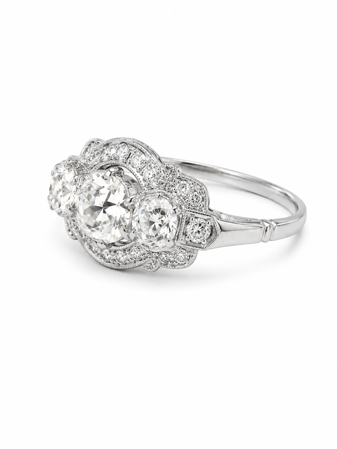 Platinum True Art Deco Old European Cut Diamond Ring with .74ct Center and .90cttw Side Diamonds