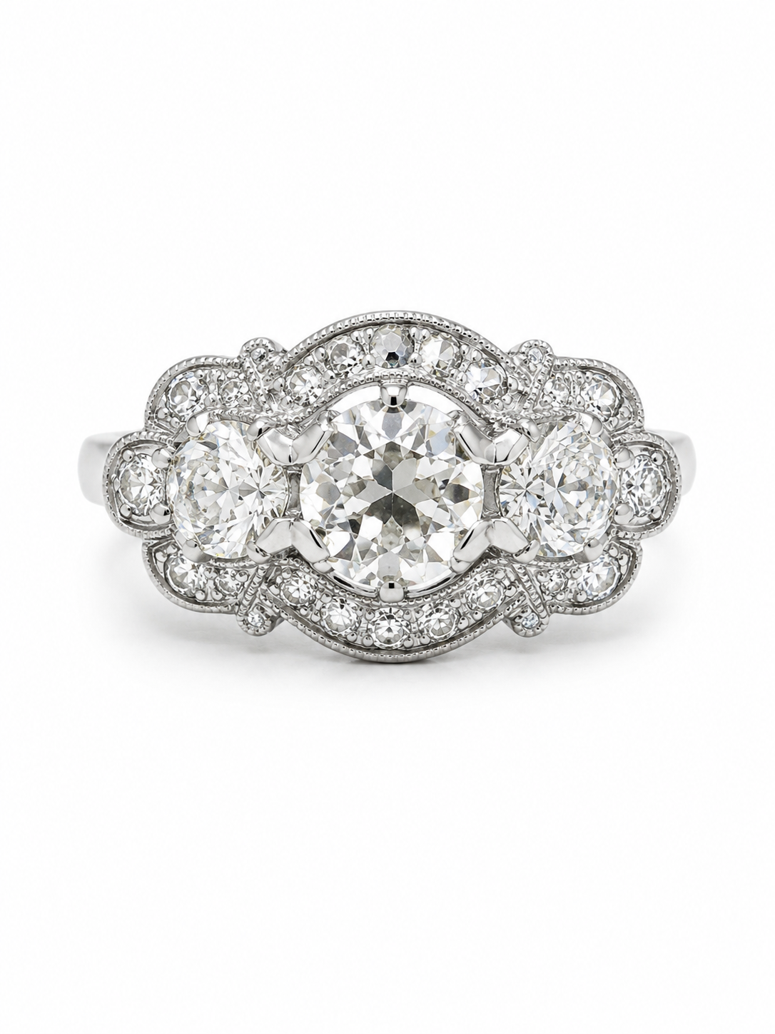 Platinum True Art Deco Old European Cut Diamond Ring with .74ct Center and .90cttw Side Diamonds
