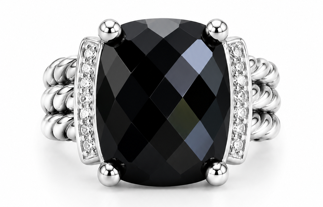 David Yurman Wheaton Black Onyx &amp; Diamond Ring in Sterling Silver – Size 10