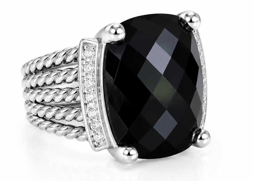 David Yurman Wheaton Black Onyx &amp; Diamond Ring in Sterling Silver – Size 10