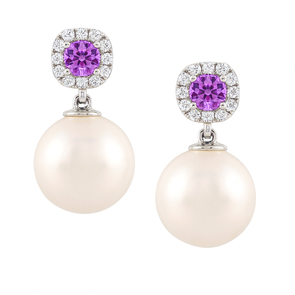 14K White Gold Freshwater Pearl, Pink Sapphire &amp; Diamond Halo Drop Earrings