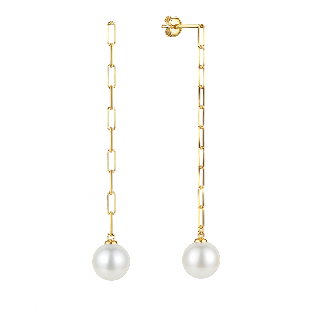 14K Yellow Gold Paperclip Chain Pearl Drop Earrings – 9–10mm