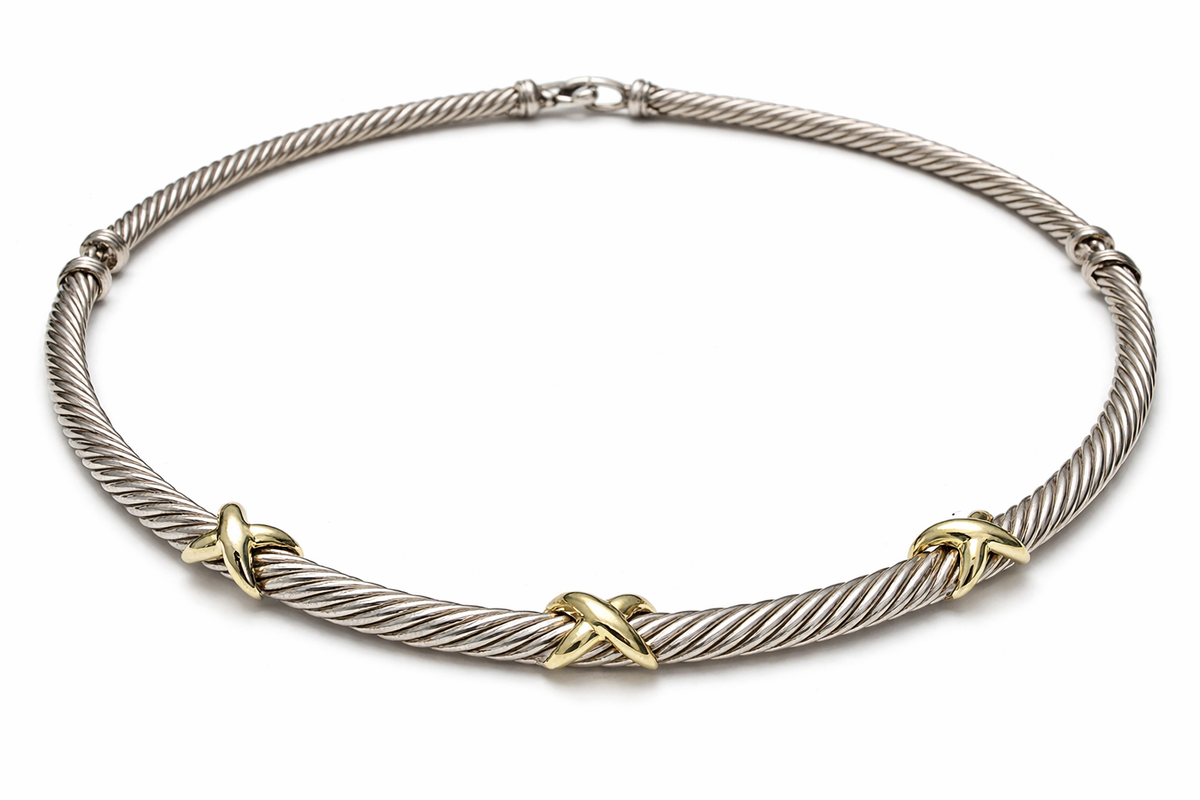 David Yurman Sterling Silver &amp; 14K Yellow Triple X Cable Collar Necklace