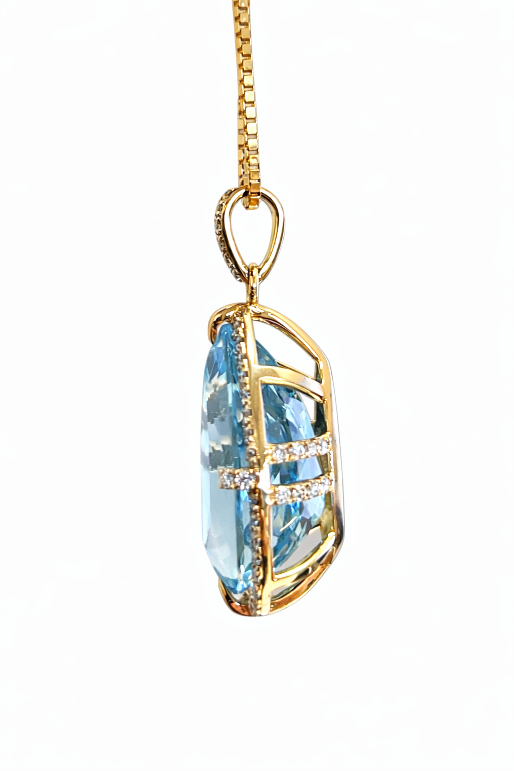14K Yellow Gold Aquamarine Diamond Pendant 20.39ct Pear Art Deco Style