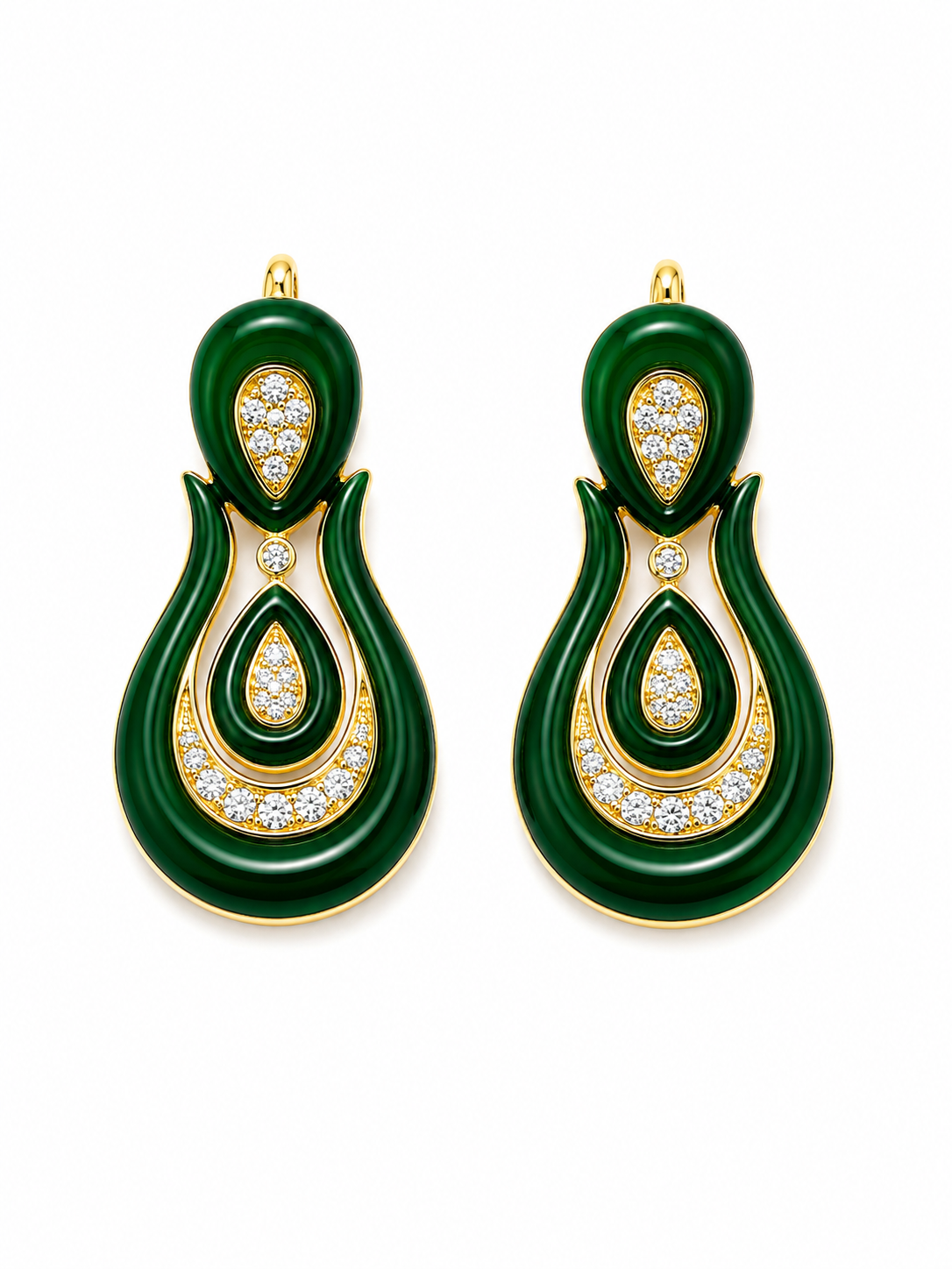 Green Enamel &amp; Diamond Drop Earrings in 14K Yellow Gold | 0.53 CTW Diamonds