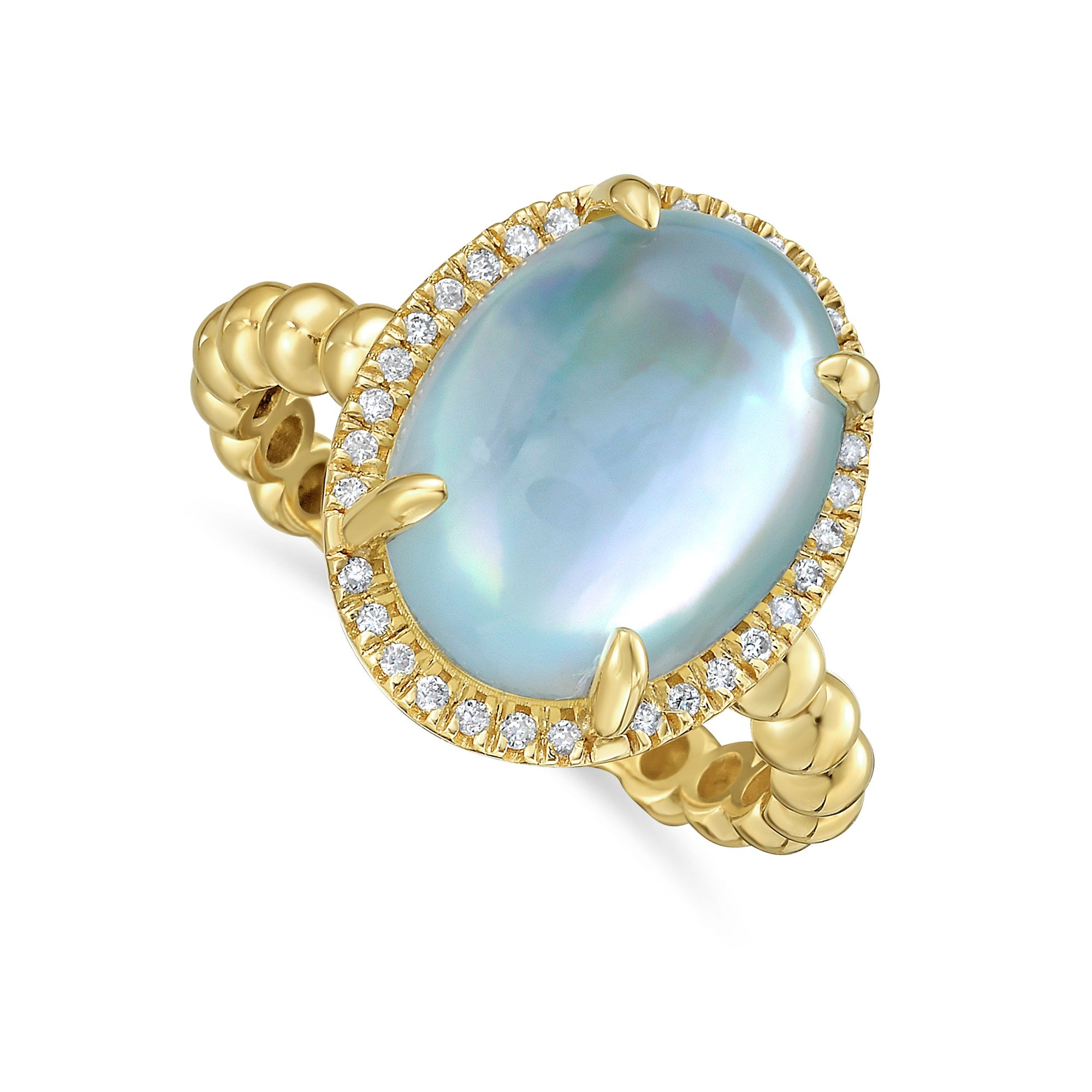 14K Yellow Gold Blue Topaz Doublet &amp; Moonstone Ring with Diamond Halo