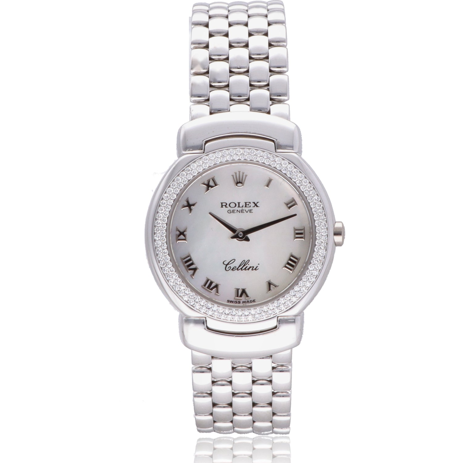 Pre-Owned Rolex Cellini 18K White Gold Diamond Mother-of-Pearl Dial Watch 6671