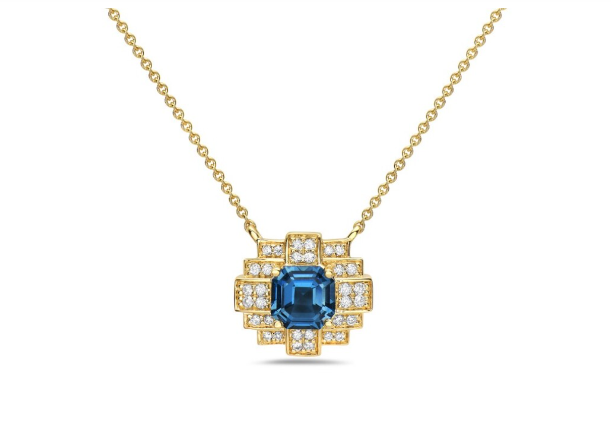14K Yellow Gold Blue Topaz Diamond Halo Pendant 1.21ct .17ctw Elegant