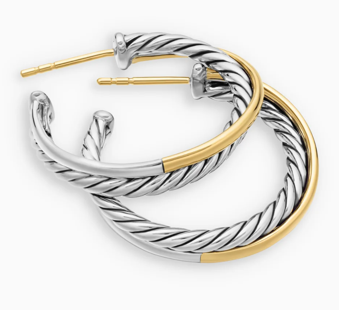David Yurman Crossover Hoop Earrings in Sterling Silver and 18K Yellow Gold