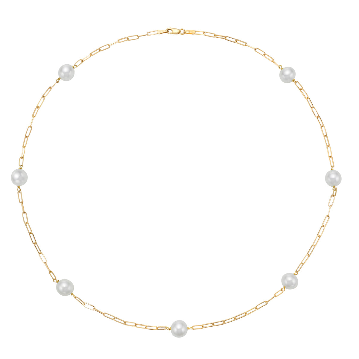 14K Yellow Gold 8–9mm Freshwater Pearl Station Paperclip Necklace – 18"