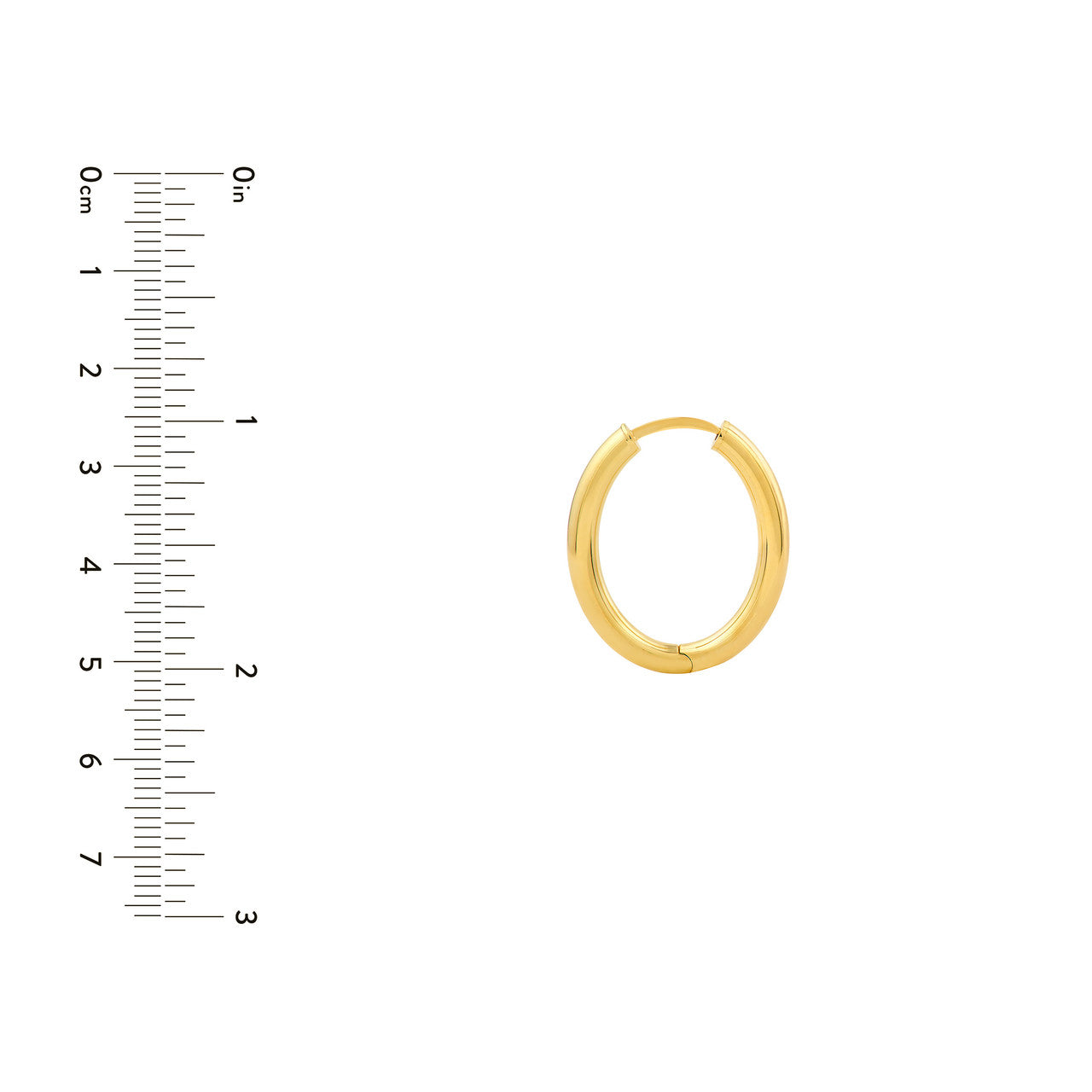 Gold hoop earring next to a ruler on a white background