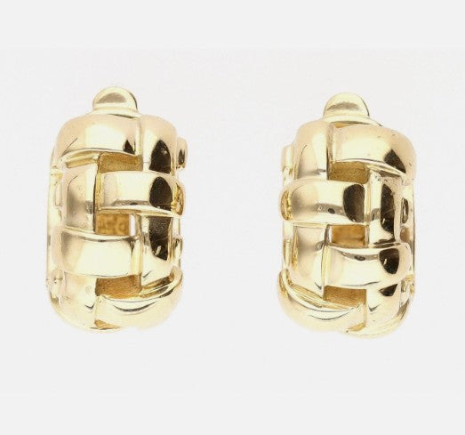 Tiffany &amp; Co 18K Gold Vannerie Basket Weave Hoop Earrings Hinged Backs