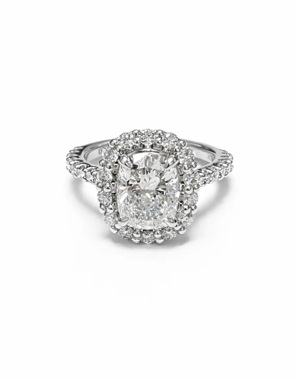 diamond halo engagement ring with diamond accents on the band.