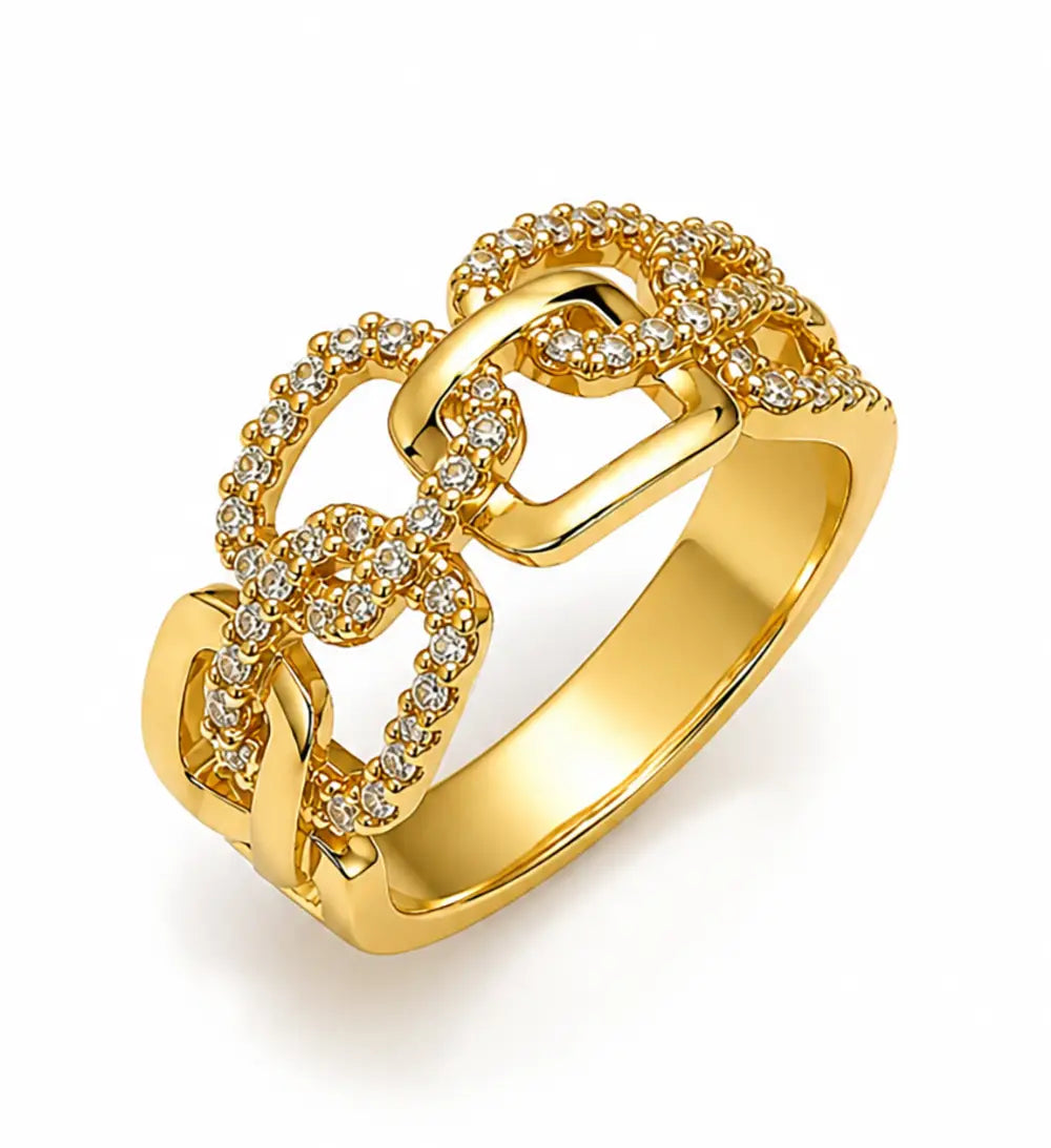 Gold chain link ring with diamond accents on a white background