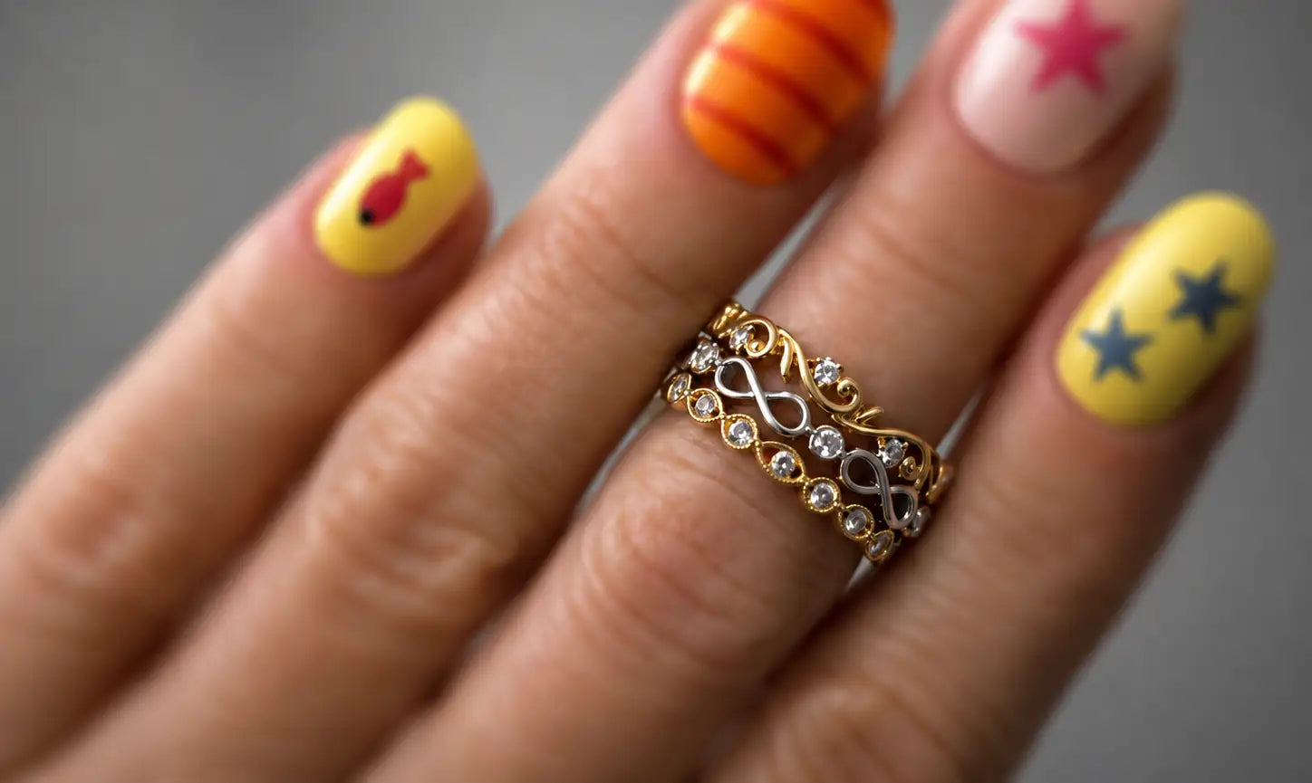 Close-up of a hand with colorful nail art wearing three diamond stackable rings